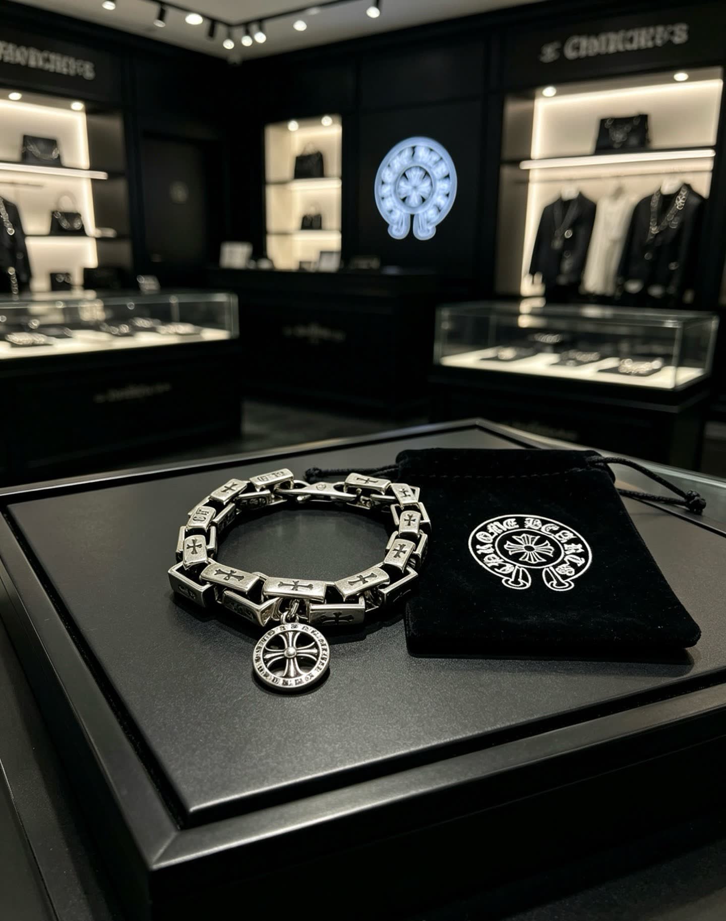 Chrome Hearts Silver Bracelet with Crosses and Wheel Charm